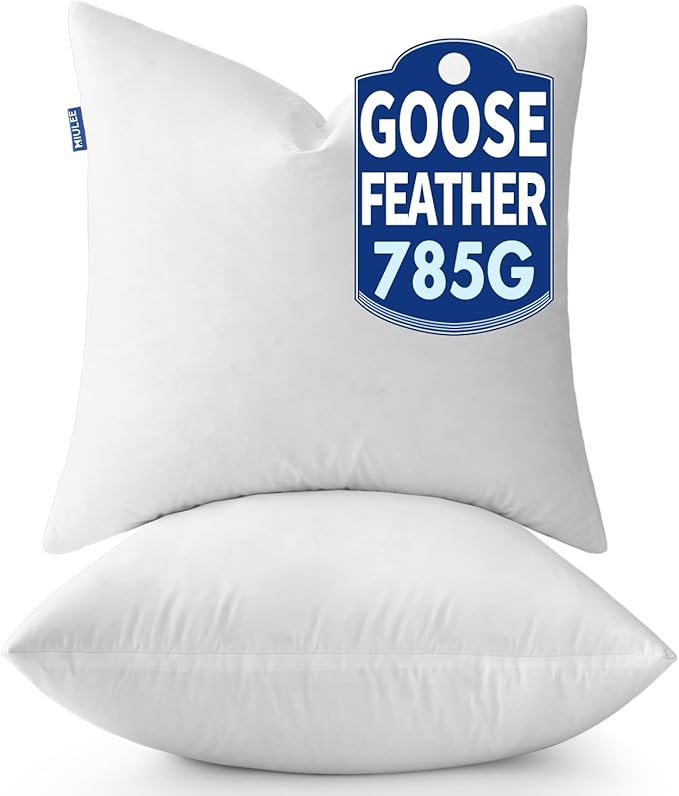 MIULEE 18 x 18 Goose Feather Down Pillows with 100% Cotton Cover, Set of 2 Soft Fluffy Decorative Pillow Inserts for Sofa Bed Couch Living Room White