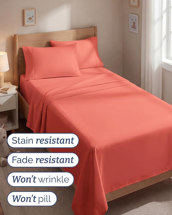 Twin 4 Piece Sheet Set - Comfy, Breathable & Cooling - Soft Hotel Luxury Bedding for Women, Men, Kids, Teens & Children - 1 Flat & 1 Fitted Sheet & 2 Pillowcases w/ Deep Pockets - Wrinkle Free - Coral