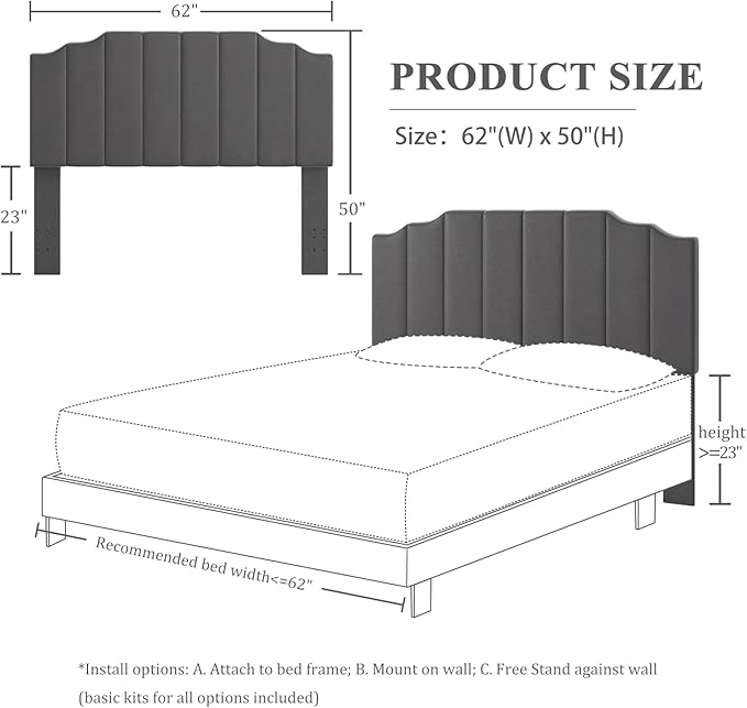 Befurtori Queen Size Headboard Only, Velvet Wall Mounted Headboard Queen/Full Size for Adjustable Bed, Modern Vertical Channel Design with Curved Tufted Upholstered Head Board,Dark Gray