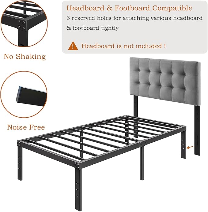 18 Inch Tall-Bed-Frame Twin Size, Heavy Duty Black Metal Bed Frames No Box-Spring Needed, Easy Assembly, Under Bed Storage, Noise Free Mattress-Foundation Support up to 1000Lbs