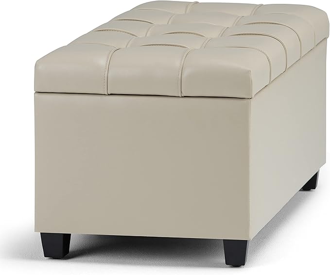 SIMPLIHOME Sienna Storage Ottoman Bench - 33 inch Wide Upholstered Vegan Leather Rectangle Storage Ottoman Bench in Stone Grey, Transitional Tufted Ottoman for Living Room or Entryway with Lift Top