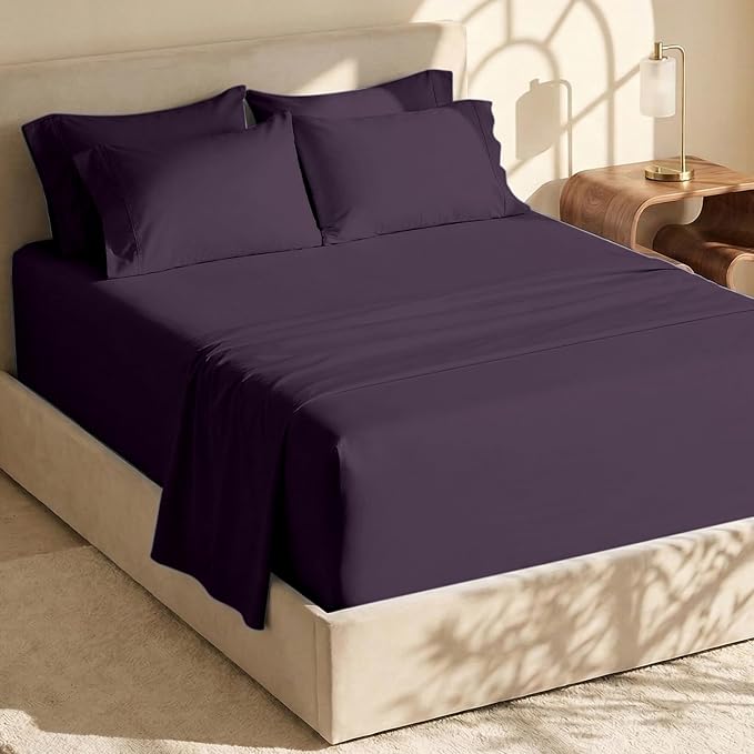 Hearth & Harbor Extra Deep Pocket Sheets - Fits Mattress 18-24 Inches Deep - Extra Deep Pocket Split King Size Sets - 7 Piece Split King Size - Eggplant