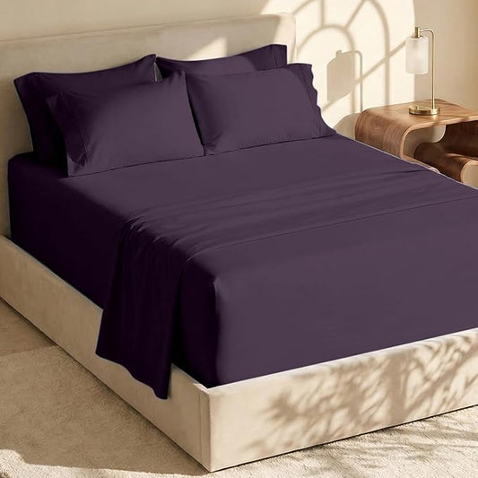 Hearth & Harbor Extra Deep Pocket King Size Sets - Fits Mattress 18-24 Inches Deep - Extra Deep Pocket Sheets - 6 Piece King Size - Eggplant