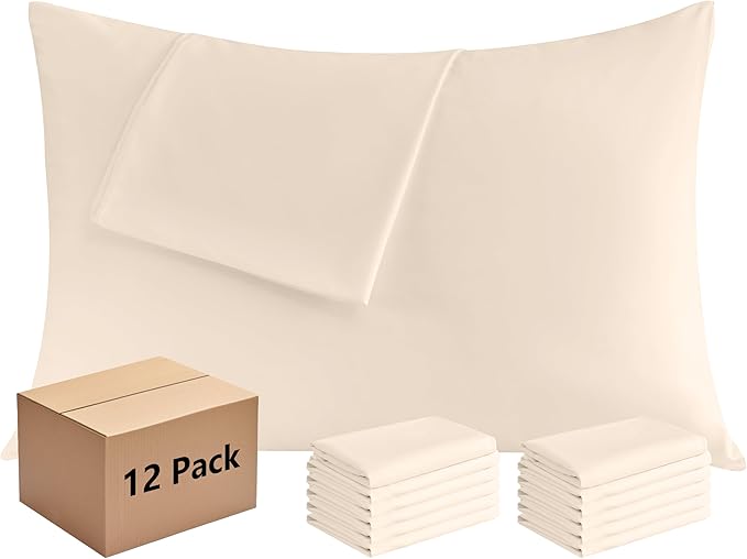 Pillowcases King 12 Pack, 20x36 Pillow Cases with Envelope Closure, Soft Plain Brushed Microfiber Covers Breathable Wrinkle-Resistant, Beige