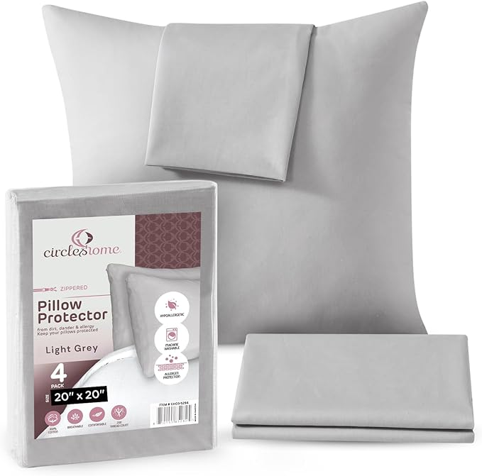 CIRCLESHOME Throw Pillow Protectors - 100% Cotton Breathable Pillowcases - 20 X 20 Square Pillowcases - Protects Pillows from Dirt, Dust and Debris (Square Pillow - 4 Pack- 20x20)