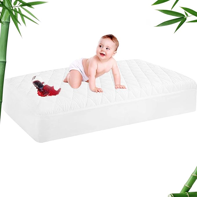 GRT 1 Pack Waterproof Crib Mattress Protector Rayon,Quilted Baby Mattress Cover Fitted Deep Pocket from 4" up to 9", Extra Breathable & Noiseless Toddler Mattress Pad 52"x28", White