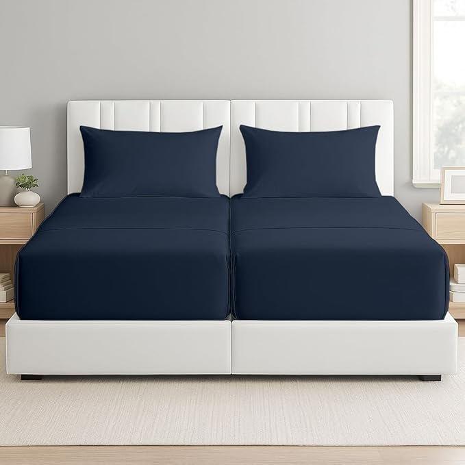 5 Piece Split King Sheet Set, 100% Egyptian Cotton, 16 Inch Deep Pockets, Navy Blue Solid, Soft Cooling Sheets for Adjustable Beds, Sleep Number Beds, Split King Mattress Sheet Set