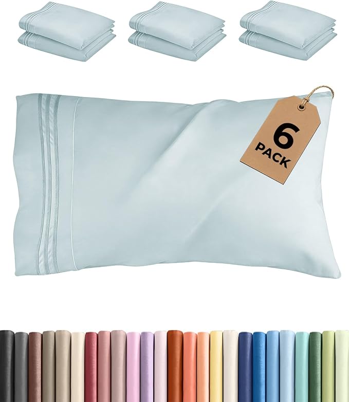 Standard Pillow Cases Set of 6 - Ultra Soft Hotel Quality Pillowcase Covers - Comfy, Cozy & Wrinkle Free - Shrink, Stain & Fade Resistant - Machine Washable Pillow Protectors - 6 Piece Set - Ice Blue