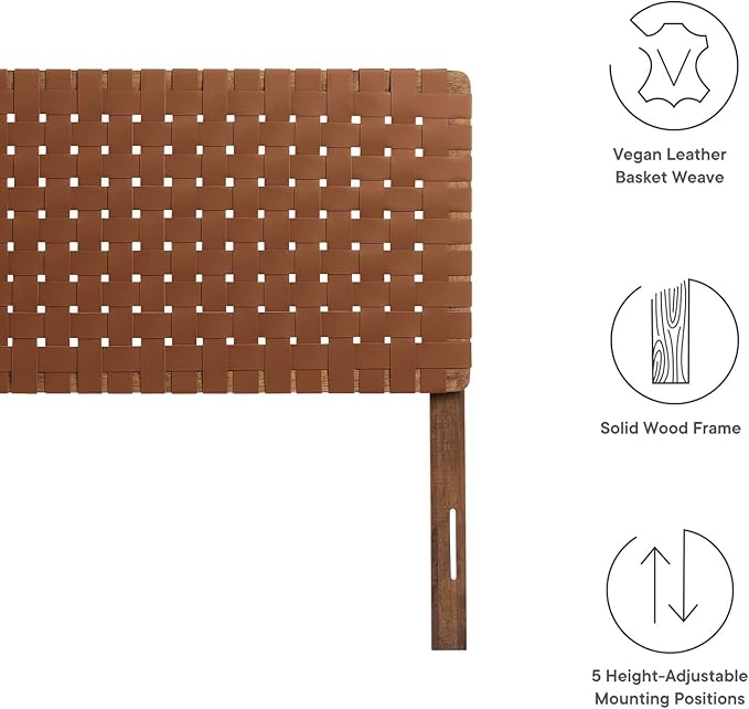 Modway Sparta Vegan Leather Weave Full Headboard in Walnut Brown Faux Leather Full Headboard Only, Height Adjustable Headboard, Freestanding Headboard for Teenager's Bedroom