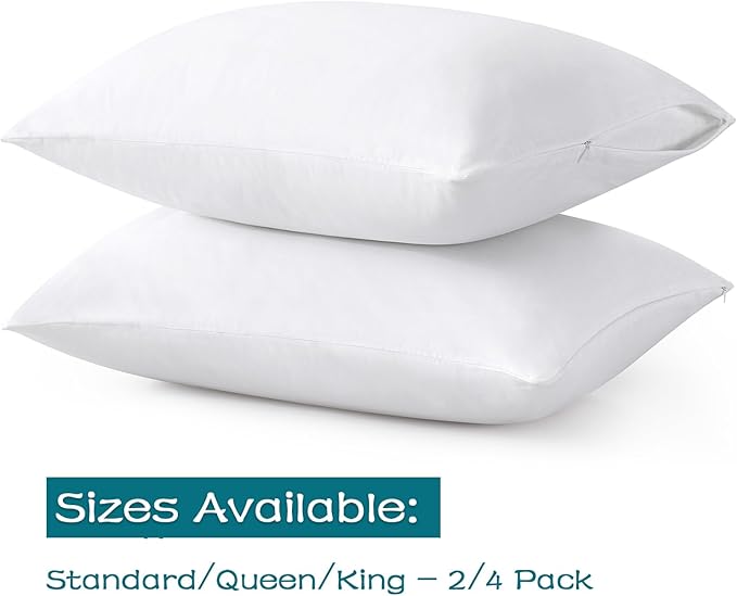 100% Cotton Zippered Pillow Cases Queen Size Set of 4, Super Soft & Breathable Pillow Protectors with Zipper, White Pillow Case Covers 20x30 Inches