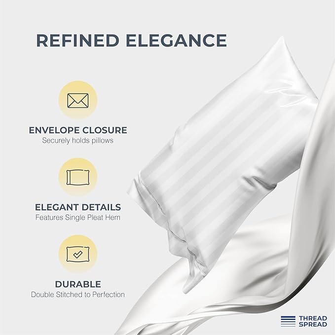 THREAD SPREAD 100% Egyptian Cotton Damask King Size Sheets Set - Luxury 1500 Series Egyptian Cotton Sheets King Size (4 PC, White Stripe), Soft, Sateen, Cooling & Breathable, 17" Deep Pocket Bed Set
