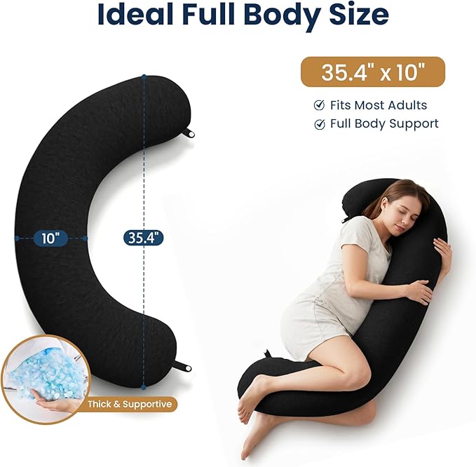 TranquilRelax C Shaped Body Pillow for Side Sleepers, Memory Foam Long Pillow for Leg, Hip & Back Support, Soft Washable Cover,Black-35 * 10"