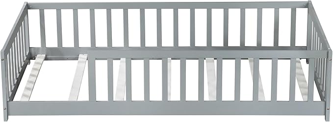 Bellemave Twin Floor Bed with Slats and Guardrails, Wood Montessori Floor Beds with Fence, Easy Assemble Floor Bed for Kids, Girls, Boys, Gary