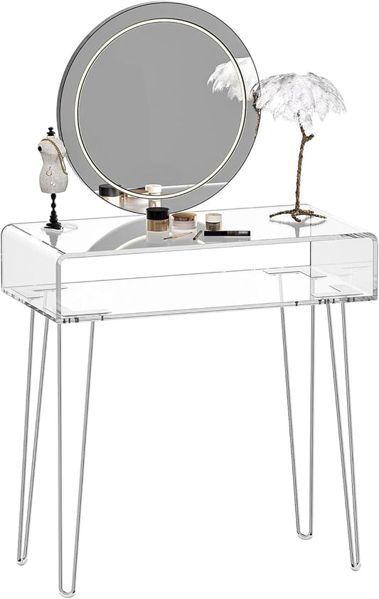 Eglaf Acrylic Vanity Desk - Small Makeup Vanity Table Dressing Table - 31.5'' L x 15.7'' W x 32.1'' H, Large Storage Space, for Bedroom, Dressing Room, Silver Metal Legs