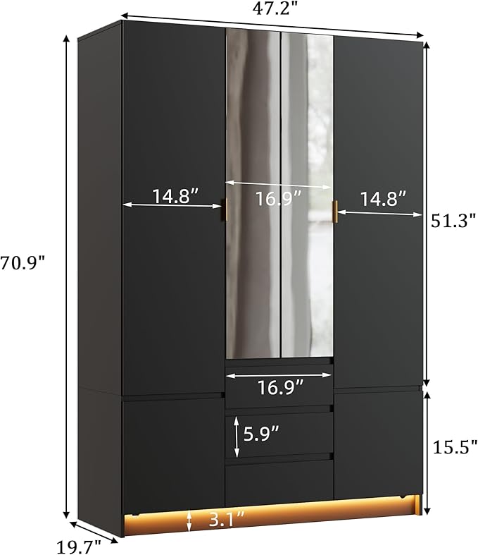 PAKASEPT 4 Doors Armoire Wardrobe Closet with Led Light & Mirror, Bedroom Large Capacity Freestanding Armoire Wardrobe with Drawers, Storage Cabinet with Hanging Rod Storage Closet for Bedroom