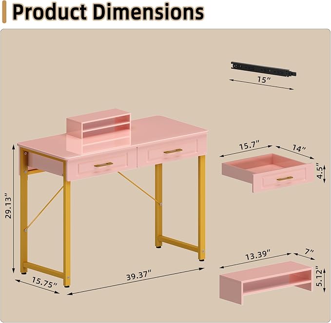 WESTREE Vanity Desk with 2 Drawers and Storage Shelf, Modern Makeup Table with Glossy Desktop, Gold Metal Frame Writing Desk for Bedroom or Home Office, No Mirror