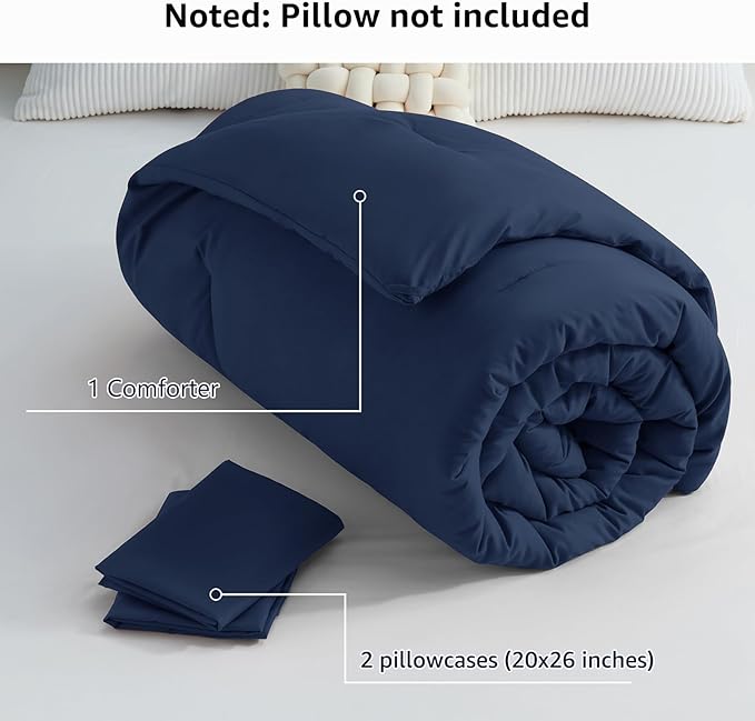 CozyLux Queen Comforter Set Navy Blue, 3 Pieces Solid Comforters Queen Size Breathable Bedding Sets, Luxury Soft Lightweight Bed Set with Down Alternative Comforter and 2 Pillowcases for All Seasons