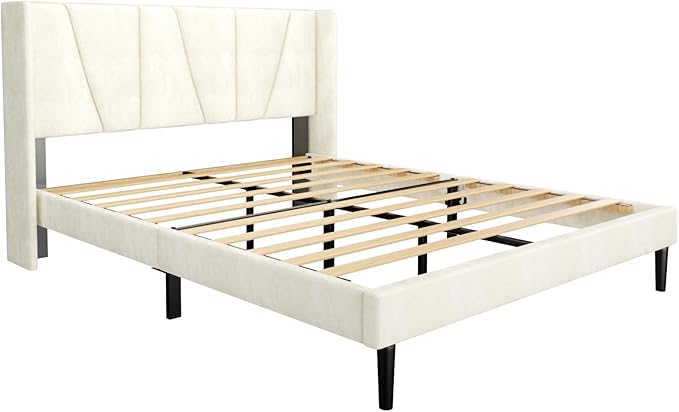 Sismplly Full Bed Frame with Headboard, Velvet Upholstered Full Size Platform Bed with Wingback, Mattress Foundation with Wooden Slat Support, No Box Spring Needed, Easy Assembly, Noise Free, Beige