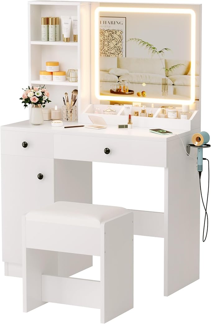 KAMABOKO Vanity Desk with Mirror and Lights, Makeup Vanity Table with Drawers & Shelves, Power Outlet, Dressing Table with Jewelry Storage for Bedroom (007 White)