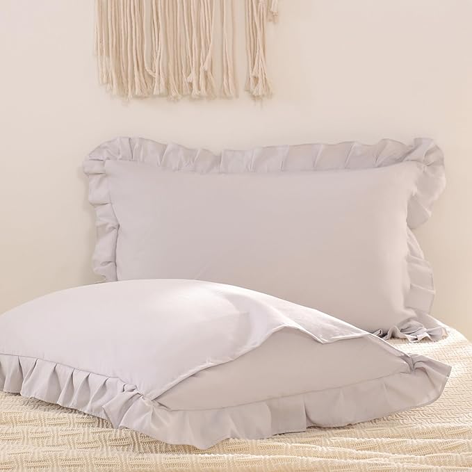 Merryword Beige Gray Pillowcases King Pillowcases Ruffled Pillow Shams Set of 2 Cute Pillowcases Solid Ruffled Fringe Design Light Gray Shabby Chic Pillowcases 2 Pack (King (20''x36''), Beige Gray)