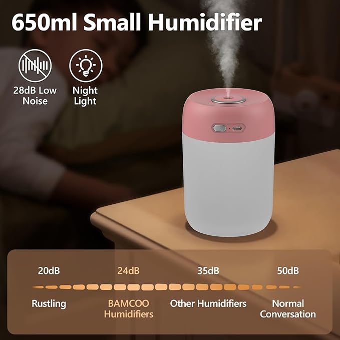 Portable Small Humidifier, 650ml Colorful Mini Humidifier for Bedroom, Office Desktop, Baby Room, Plants, Cool Mist Humidifiers(Deep Pink)