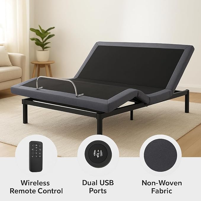 Naomi Home Idealbase Queen Adjustable Bed Base with Massage, USB Ports, Under-Bed Light, Wireless Remote, 800 Lb Capacity, Gray Metal Frame, Easy Assembly for Enhanced Comfort and Relaxation