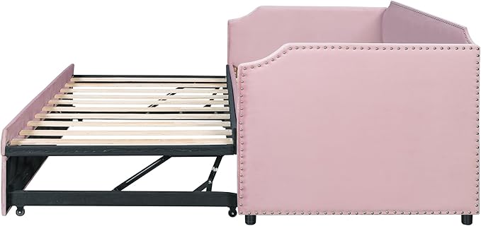 Merax Multifunctional Upholstered Extending Daybed with Trundle Twin to King, Velvet Sofa Bed with Wood Slats, No Box Spring Needed Pink