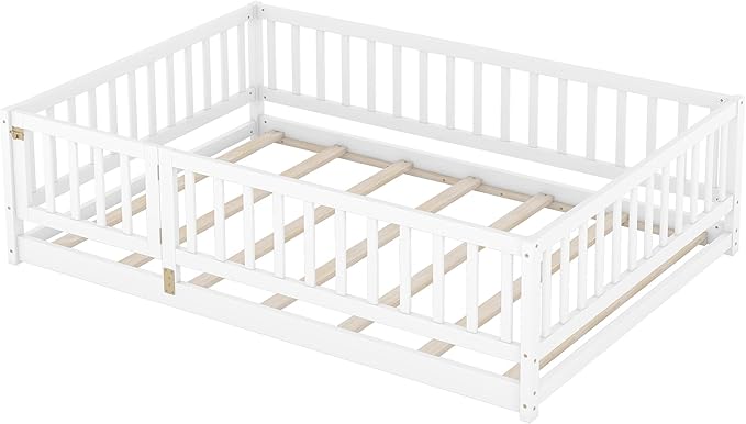 Bellemave Twin Size Montessori Floor Bed with 21.5" High Rails and Slats, Pine,Plywood Floor Bed with Small Door, Natural