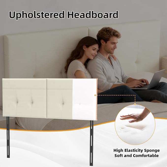 King Headboard Only with Adjustable Metal Legs, Faux Leather Upholstered Headboard King Size, Modern Stylish Headboard with Sunken Dot Design, Sturdy Bed Headboard for Bedroom, Ivory