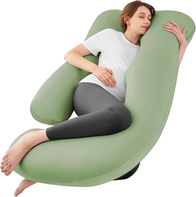 Sasttie Pregnancy Pillows for Sleeping, U Shaped Cooling Full Body Pillow with Removable Cover, Pregnant Women Must Haves, Maternity Essential, Green