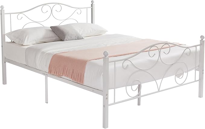 VECELO Full Size Bed Frame with Headboard and Footboard, Heavy Duty Metal Slat Support, Platform Mattress Foundation, No Box Spring Needed, Easy Assembly, White