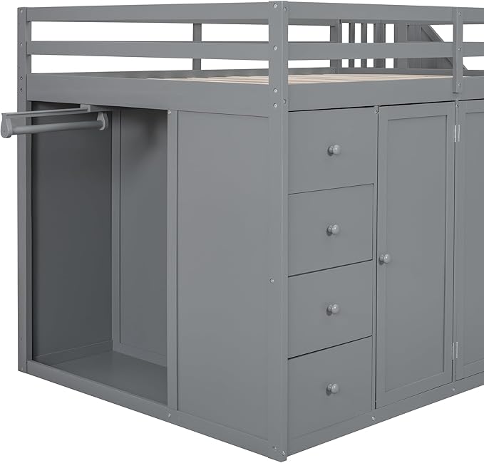 LUMISOL Full Size Loft Bed with Built-in Wardrobes and Drawers, Wood Loft Bed with Storage Stairs and Cabinet, Wood Loft Bed with Multiple Storage, Gray