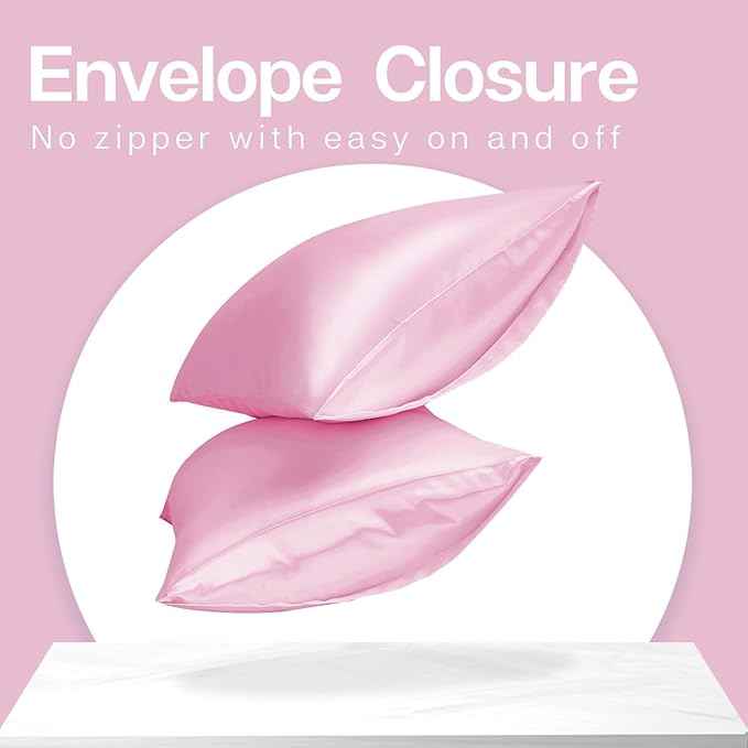 MR&HM Satin Pillowcase for Hair and Skin, Silk Satin Pillowcase 2 Pack, Standard Size Pillow Cases Set of 2, Silky Pillow Cover with Envelope Closure (20x26, Pink)