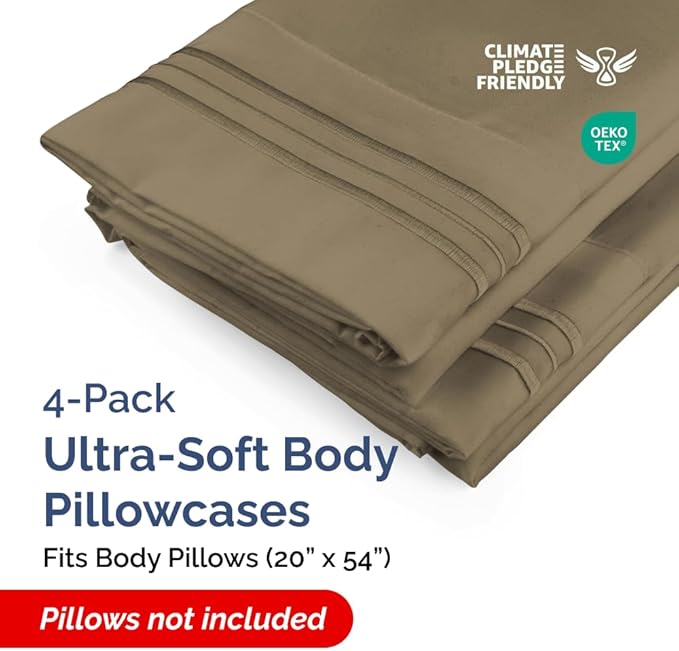 Body Pillowcases Set of 4-20x54 Long Body Pillow Case - Soft Body Pillow Cover for Sleeping & Side Sleepers - Comfy, Cozy Breathable & Fade Free - Machine Washable w/Envelope Enclosure - (Khaki)