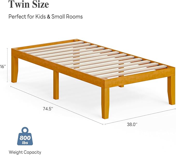 DUMOS Twin Size Solid Wood Bed Frame 16 Inches, Sturdy Platform Bed with Heavy Duty Wood Slat Support, No Box Spring Needed, Easy Assembly, Natural Pine