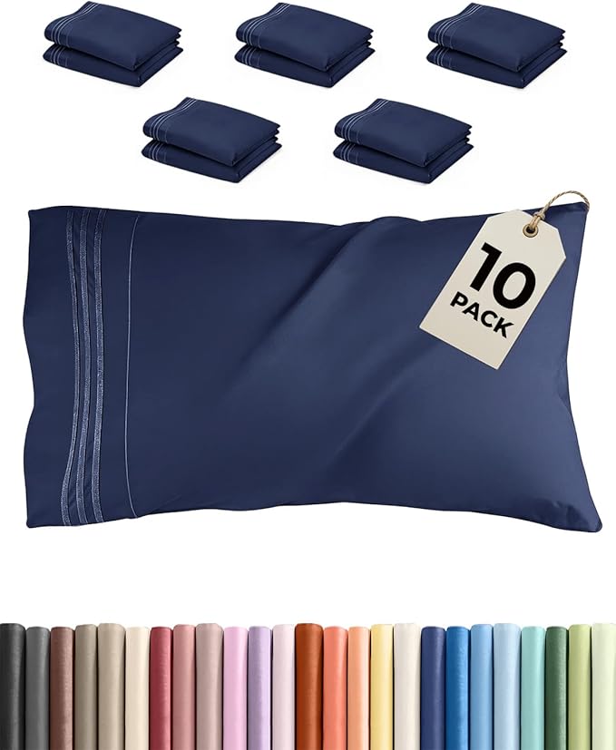 King Pillow Cases Set of 10 - Ultra Soft Hotel Quality Pillowcase Covers - Comfy. Cozy & Wrinkle Free - Shrink, Stain and Fade Resistant - Machine Washable Pillow Protectors - 10 Piece Set - Navy Blue