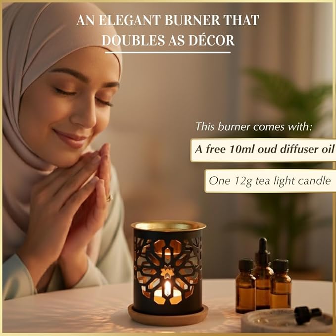 Dukhni Oil Burner | Brass Burner with Candle | Use for Essential Oil, Aroma Oil, Diffuser Oils | Relax with Home Aromatherapy, for Stress Relief, Meditation, Massage and Home Fragrance, Islamic Gift