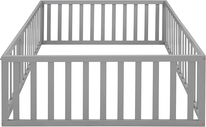 Bellemave Full Size Montessori Floor Bed with 21.7" High Rails, Pine,Plywood Floor Bed with Small Door, Grey