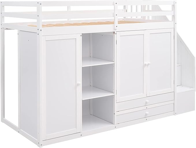 Twin Loft Bed With Stairs and Storage, Wood Frame With 2 Wardrobes, Drawers, Shelves, and Staircase for Kids Teens Adults, White