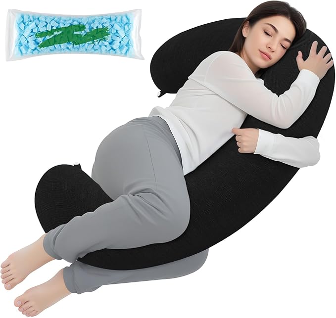 TranquilRelax C Shaped Body Pillow for Side Sleepers, Memory Foam Long Pillow for Leg, Hip & Back Support, Soft Washable Cover,Black-53 * 10"