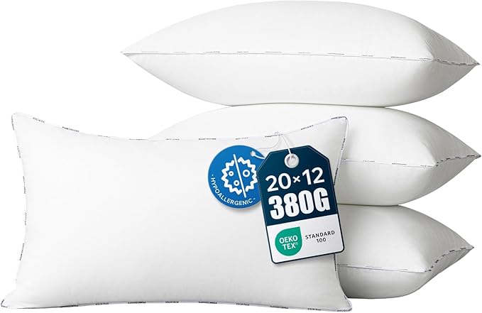 Phantoscope Hypoallergenic Throw Pillows Insert, 100% Virgin Fiber Throw Pillows - Indoor Pillow Inserts Decor Stuffer for Desk Sofa and Couch, Set of 4, 12 x 20