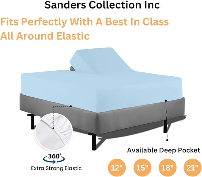 SCI Top Split Flex Sheet Set for Adjustable Bed 32" Split Head California King Size 800 Thread Count 100% Egyptian Cotton 4 Piece Set fits up to 16 Inch Deep Pocket ( Light Blue)