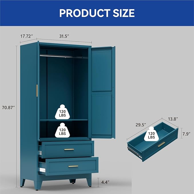 COFaR Armoire Wardrobe Closet with Drawers & Hanging Rod, 71'' Metal Wardrobe Closet with Doors & Adjustable Shelf, Farmhouse Wardrobe Cabinet for Bedroom Home Office, Peacock Blue