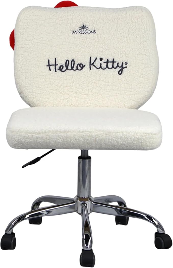 Impressions Vanity Hello Kitty Sherpa Swivel Vanity Chair for Makeup Desk, Armless Rolling Chair with Wheels, Adjustable Height, 360 Degree Swing, Comfy Foam Padded Seat and Backrest