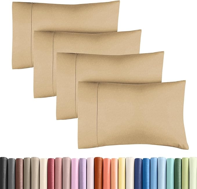 Standard Pillow Cases Set of 4 - Ultra Soft Hotel Quality Pillowcase Covers - Comfy Bedding for Women, Men, Kids & Teens - Machine Washable Pillow Protectors - 4 Piece - Standard Size Heathered Tan