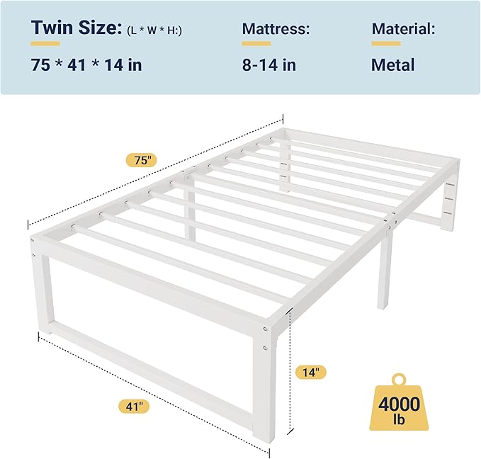 Allewie Twin Bed Frame, 14 Inch Metal Platform Bed Frame with 4000LBS Heavy Duty Steel Slats Support, Noise Free, Easy Assembly, No Box Spring Needed, White
