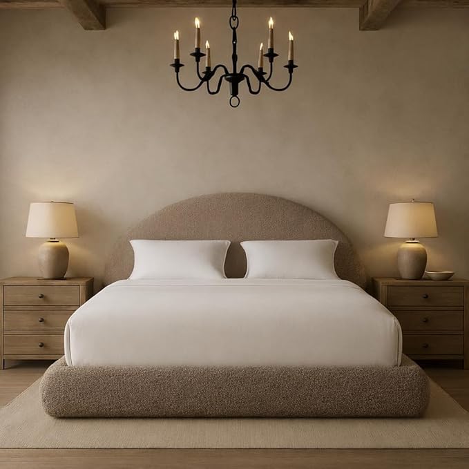 Round Bed – Washable Zip Cover - Upholstered Linen Soft Foam - Modular Minimalist Modern - Half Circle Moon - Sold Sold Separately (Taupe Boucle, Twin Headboard)