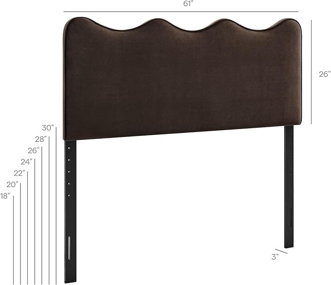 Monday Athena Queen Size Performance Velvet Adjustable Headboard in Chocolate Brown - with Scalloped Wave Design and Stain-Resistant Velvet Upholstery