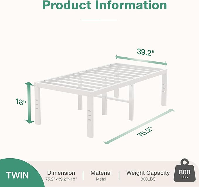 Novilla Twin Bed Frame, 18 Inch Metal Platform Bed Frame Twin Size with Storage Space Under Bed, Heavy Duty Steel Slat Support, Easy Assembly, No Box Spring Needed, White