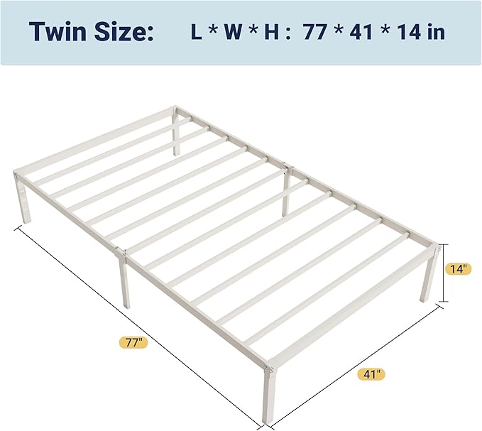 Allewie Twin Bed Frame, 14 inch Metal Platform Beds with Storage Space, No Box Spring Needed and Easy Assembly, White